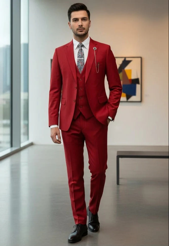 Mens Giovanni Testi Red 3 Piece Suit Set – Notch Lapel Jacket, Matching Vest, Side Vents & Comfort Waist Pants Modern Fit