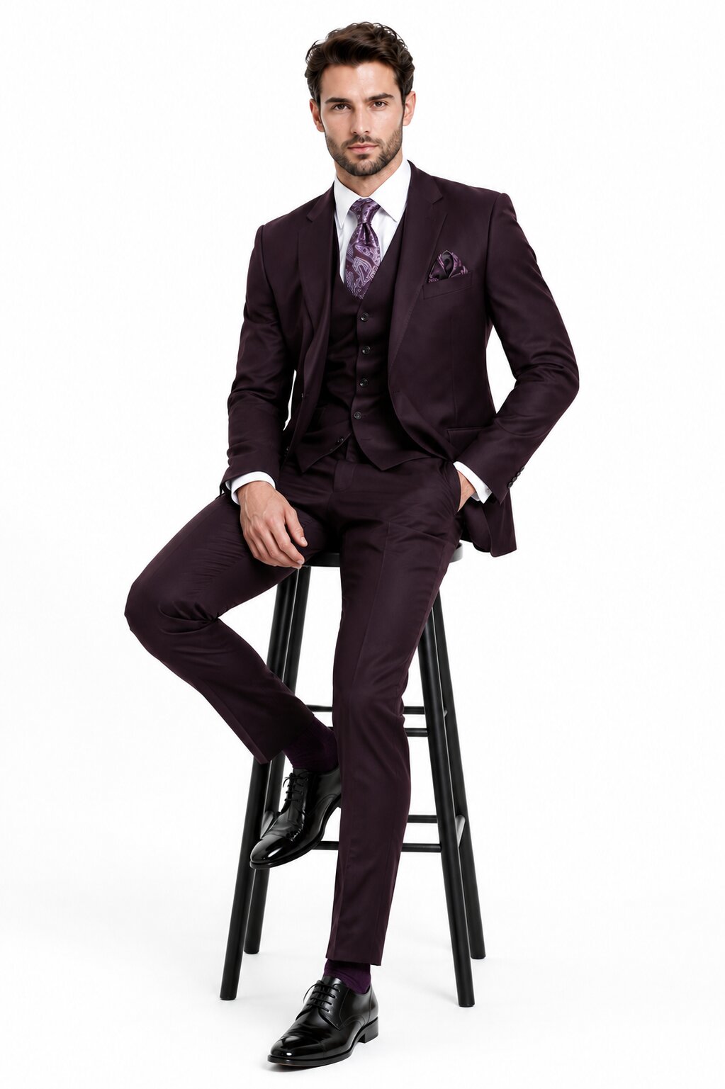 Mens 2 Button  Vested Wool Suit in Eggplant Modern Fit