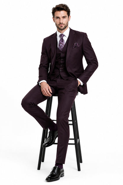 Mens 2 Button  Vested Wool Suit in Eggplant Modern Fit
