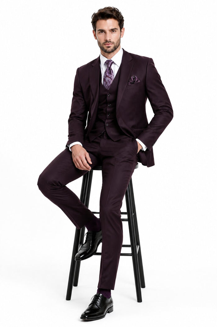 Mens 2 Button  Vested Wool Suit in Eggplant Modern Fit