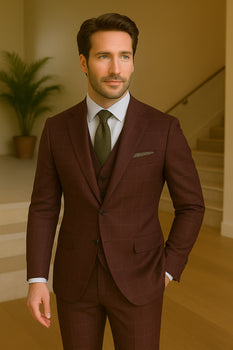 Wool Suit - Italian Made Business Suit by Statement Men's 3 Piece 100% Wool Modern Fit Suit - V-Neck Double Breasted Vest