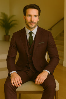 Wool Suit - Italian Made Business Suit by Statement Men's 3 Piece 100% Wool Modern Fit Suit - V-Neck Double Breasted Vest