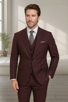 Wool Suit - Italian Made Business Suit by Statement Men's 3 Piece 100% Wool Modern Fit Suit - V-Neck Double Breasted Vest