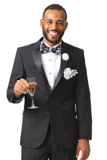EJ Samuel Black Tuxedo: Modern Fit Two-Button—Sizes 34–62