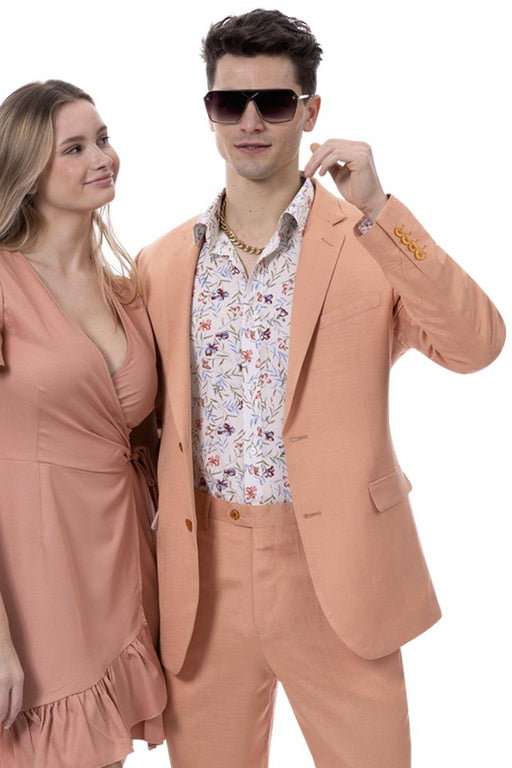 EJ Samuel Men's Modern Fit Coral Linen Suit – Summery Chic Style