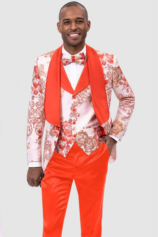 EJ Samuel Men's Orange Paisley Tuxedo with Shawl Lapel and Vested Detail
