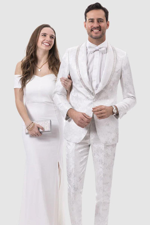 EJ Samuel Men's Silver & White Paisley Tux with Sequin Lapel Trim for Proms & Weddings