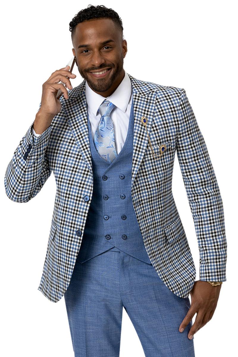 Mens Plaid Suit - Windowpane Pattern With Vest - Business Suit Black by USA Men's Outlet main image 1