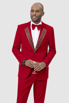 EJ Samuel Red Velvet Tuxedo Suit with Gold Sequin Lapel