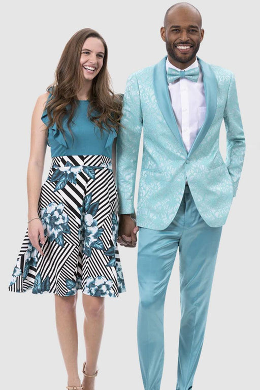 "EJ Samuel Teal Blue Slim Fit Paisley Floral Prom Tuxedo"