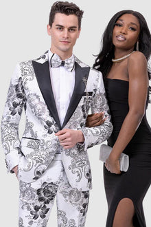 EJ Samuel White & Black Paisley Slim Fit Prom Tuxedo