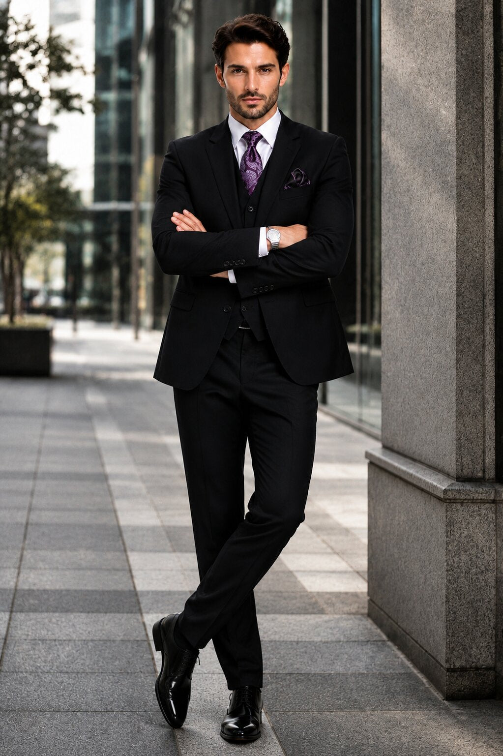 Mens 2 Button  Vested Wool Suit in Eggplant Modern Fit
