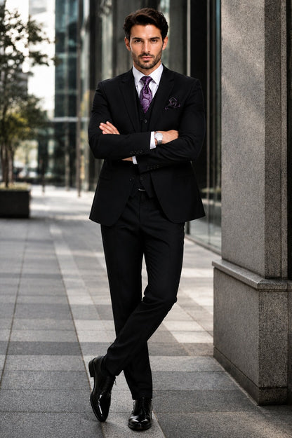 Mens 2 Button  Vested Wool Suit in Eggplant Modern Fit