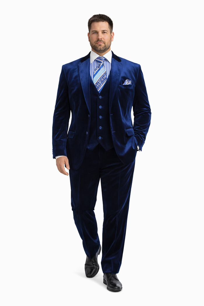 Men's Dark Navy velour Men's blazer Jacket 2 Button Velvet Fabric 3 Piece Vested  Side Vent Suit - Image 6