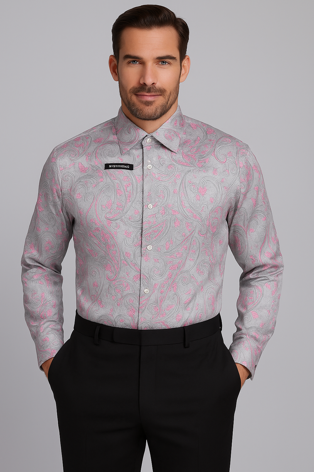 Mens Paisley Shirts - Club Fashion Dress Shirt Spread Collar in  Color Grey