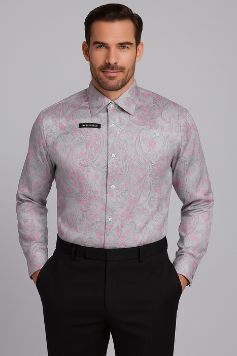 Mens Paisley Shirts - Club Fashion Dress Shirt Spread Collar in  Color Grey