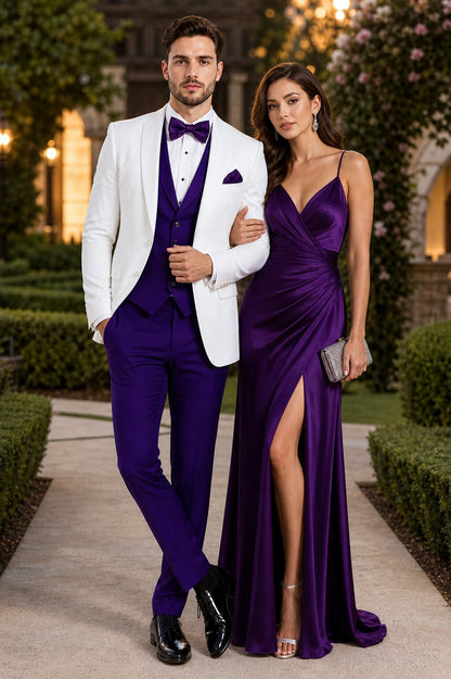 White and Purple Tuxedo Wedding Suit - White Dinner Jacket + Vest + Pants + Bow-tie
