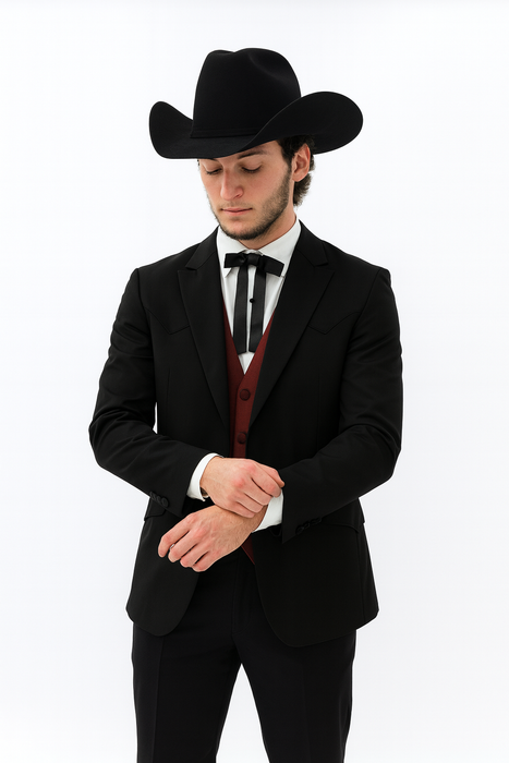 Western Suit - Trajes Para Hombres - Cowboy Formal Attire - Trajes De Novio - Two Button Peak Western Black