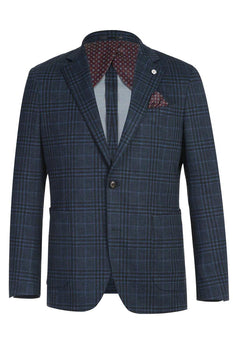 "Elevate Your Style In Pelago's Blue Grey Windowpane Plaid Slim Fit Blazer" - Elegant Mensattire