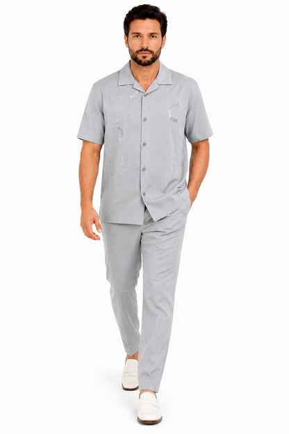 Men’s Light Gray Embroidered Walking Suit Set – 2 Piece Short Sleeve Casual Outfit