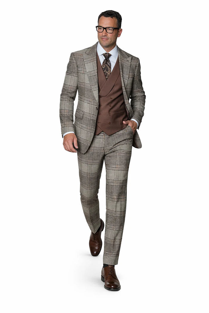 Statement Men’s 3-Piece Plaid Wool Suit – 100% Wool  with Peak Lapel Modern Fit