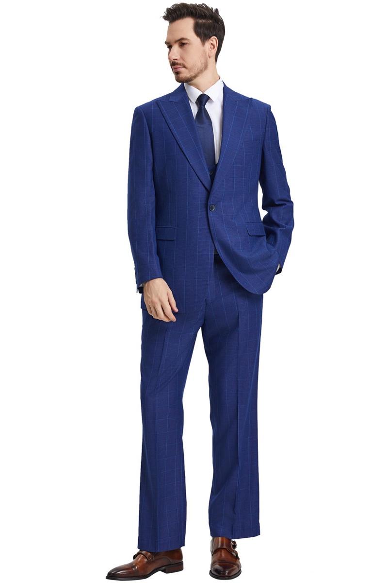 Men's Stacy Adams Peak Lapel Blue Windowpane Plaid Suit with a Scoop Neck Vest - Image 2