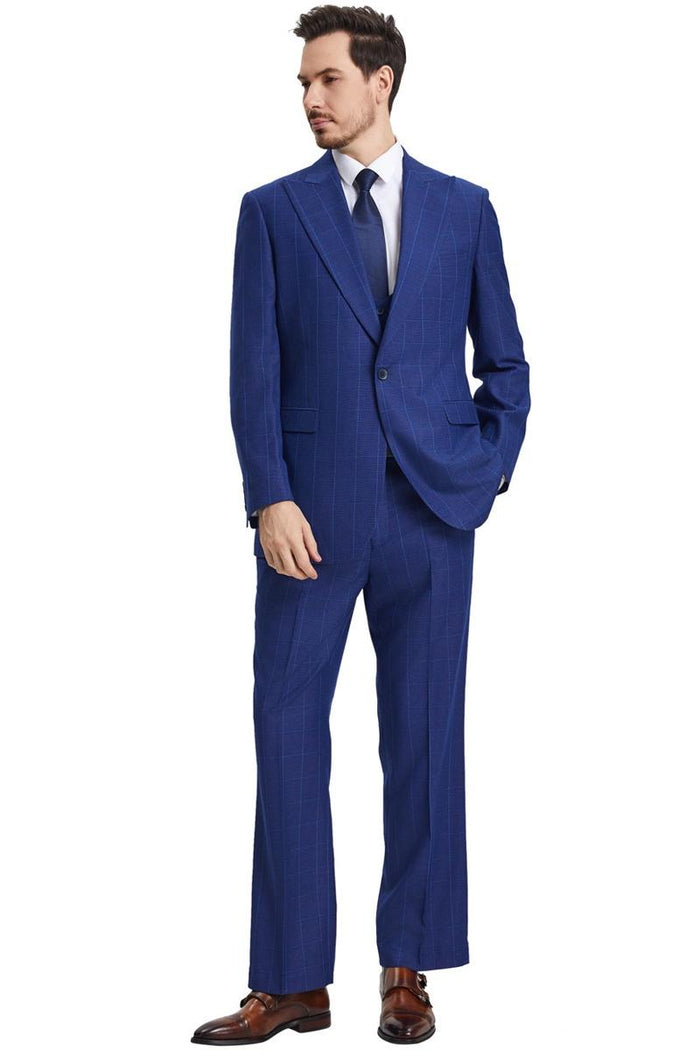 Men's Stacy Adams Peak Lapel Blue Windowpane Plaid Suit with a Scoop Neck Vest - Image 2