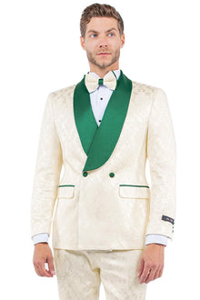 EXAMPLE: Tazio Men's Slim-Fit Double-Breasted Paisley Smoking Jacket in Ivory & Emerald Green