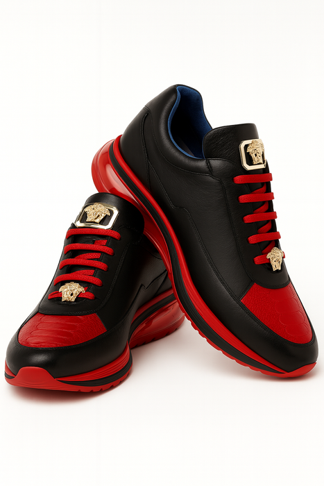 Belvedere Flash Men's Black & Red Ostrich-Calf Sneakers