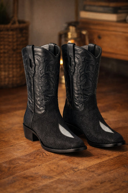 Los Altos Boots Single Stone Stingray R-Toe Black Cowboy Botas De Mantarraya - Mantarraya Boots - Image 7