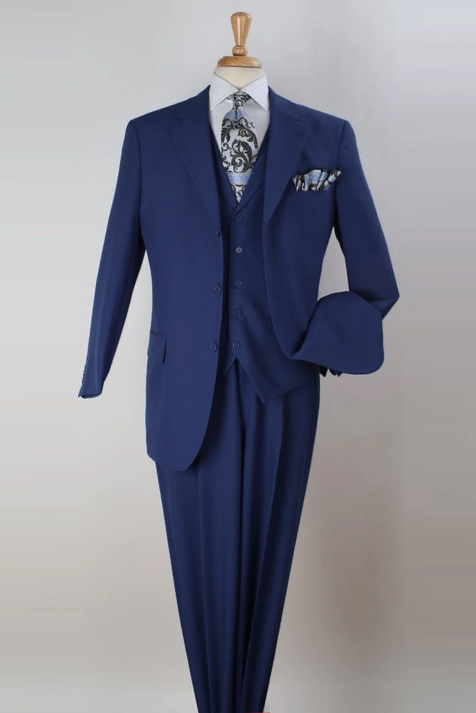 Apollo King Designer Brand + Mens Three Button Classic Fit Vested Suit in Navy Blue