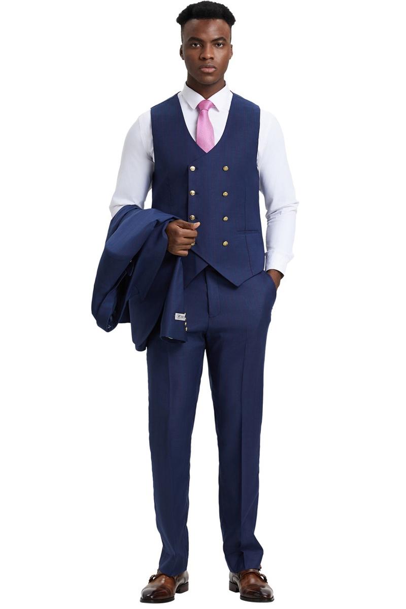 Men's Stacy Adams Vested One Button Side Peak Lapel Pinstripe Suit in Navy Blue - Image 3