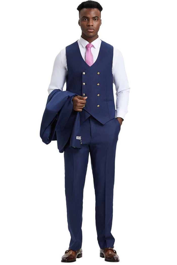 Men's Stacy Adams Vested One Button Side Peak Lapel Pinstripe Suit in Navy Blue - Image 3