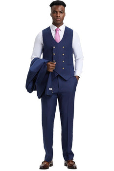 Men's Stacy Adams Vested One Button Side Peak Lapel Pinstripe Suit in Navy Blue - Image 3