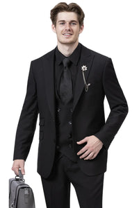 Modern Fit Wide Lapel Suit - Peak Lapel Suit with Double breasted Vest in Black - Navy Blue - Gold - Charcoal - Brown - Purple - Hunter