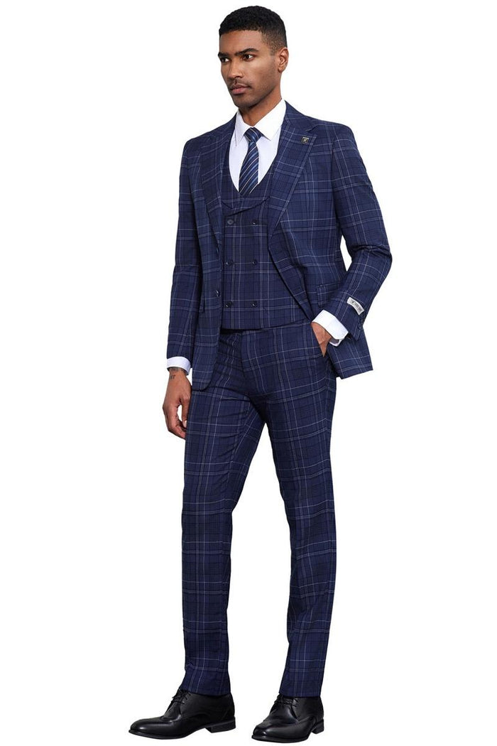 Men's Stacy Adams Vested Two Button Double Windowpane Plaid Suit in Navy - Image 3