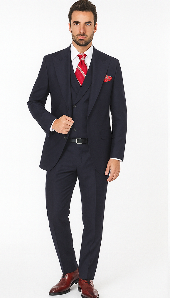 Navy Full Cut / Wide Leg Double Breasted 100% Percent Fabric Slanted Vest - 100% Percent Wool Fabric Suit - Worsted Wool Business Suit