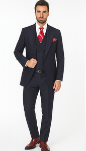 Navy Full Cut / Wide Leg Double Breasted 100% Percent Fabric Slanted Vest - 100% Percent Wool Fabric Suit - Worsted Wool Business Suit