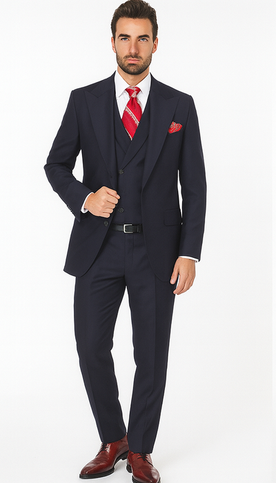 Navy Full Cut / Wide Leg Double Breasted 100% Percent Fabric Slanted Vest - 100% Percent Wool Fabric Suit - Worsted Wool Business Suit