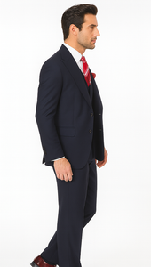 Navy Full Cut / Wide Leg Double Breasted 100% Percent Fabric Slanted Vest - 100% Percent Wool Fabric Suit - Worsted Wool Business Suit