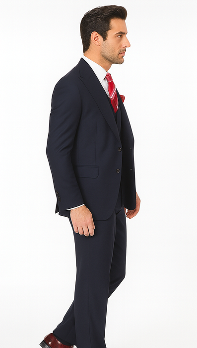 Navy Full Cut / Wide Leg Double Breasted 100% Percent Fabric Slanted Vest - 100% Percent Wool Fabric Suit - Worsted Wool Business Suit
