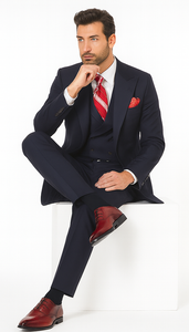 Navy Full Cut / Wide Leg Double Breasted 100% Percent Fabric Slanted Vest - 100% Percent Wool Fabric Suit - Worsted Wool Business Suit