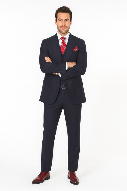Navy Full Cut / Wide Leg Double Breasted 100% Percent Fabric Slanted Vest - 100% Percent Wool Fabric Suit - Worsted Wool Business Suit