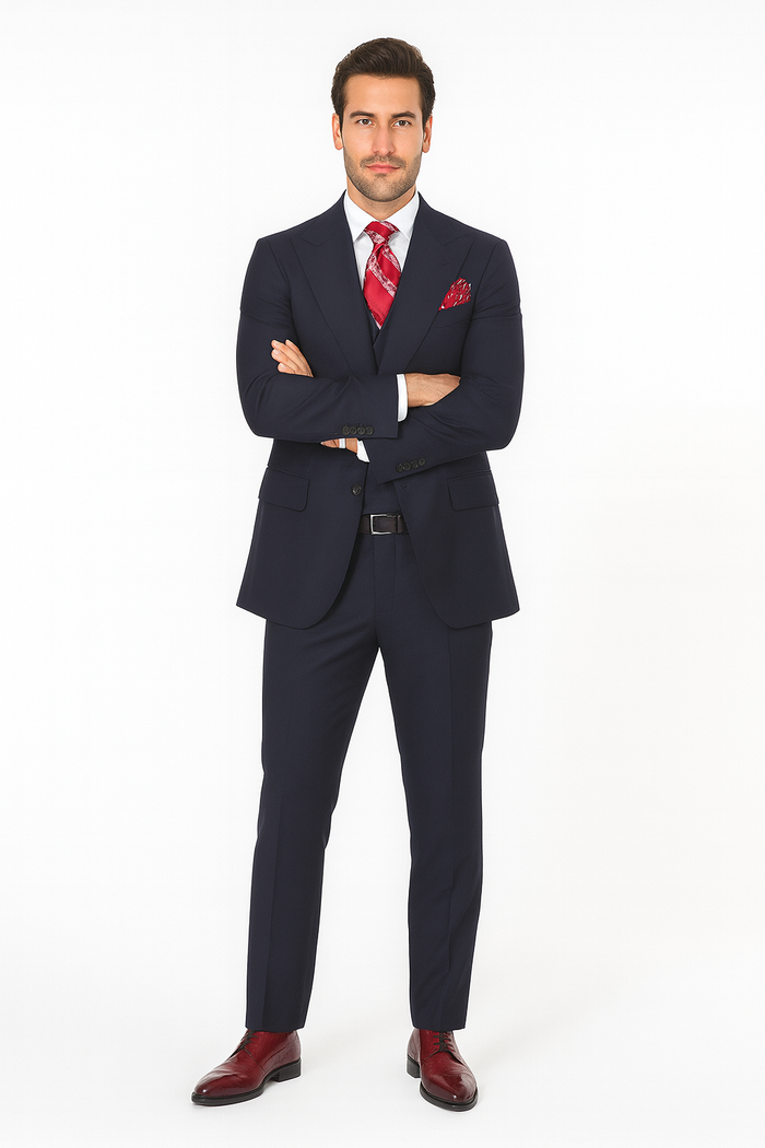 Navy Full Cut / Wide Leg Double Breasted 100% Percent Fabric Slanted Vest - 100% Percent Wool Fabric Suit - Worsted Wool Business Suit