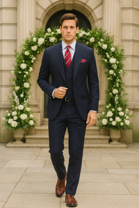 Navy Full Cut / Wide Leg Double Breasted 100% Percent Fabric Slanted Vest - 100% Percent Wool Fabric Suit - Worsted Wool Business Suit