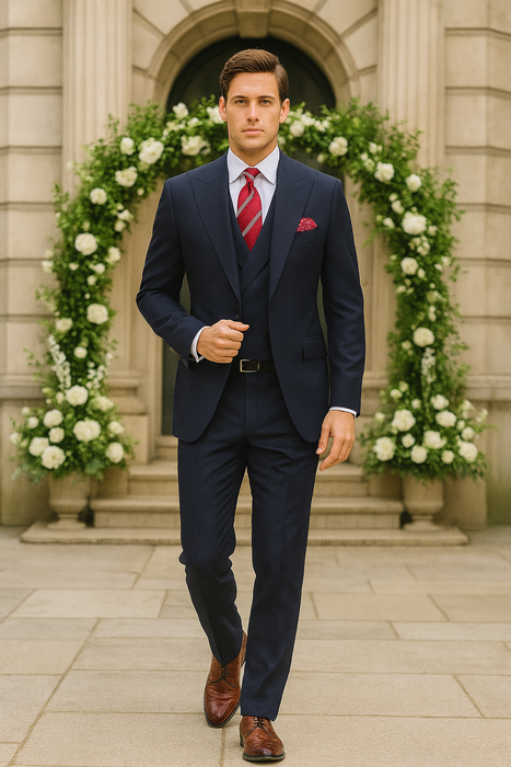 Navy Full Cut / Wide Leg Double Breasted 100% Percent Fabric Slanted Vest - 100% Percent Wool Fabric Suit - Worsted Wool Business Suit