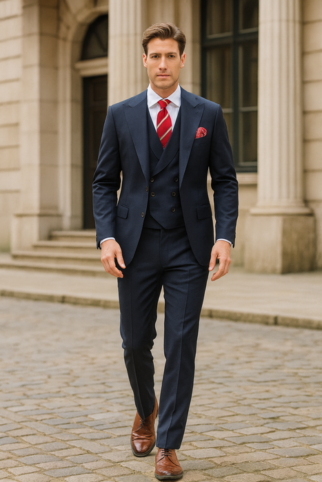 Navy Full Cut / Wide Leg Double Breasted 100% Percent Fabric Slanted Vest - 100% Percent Wool Fabric Suit - Worsted Wool Business Suit