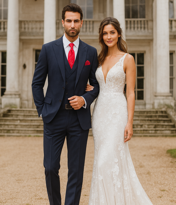 Navy Full Cut / Wide Leg Double Breasted 100% Percent Fabric Slanted Vest - 100% Percent Wool Fabric Suit - Worsted Wool Business Suit