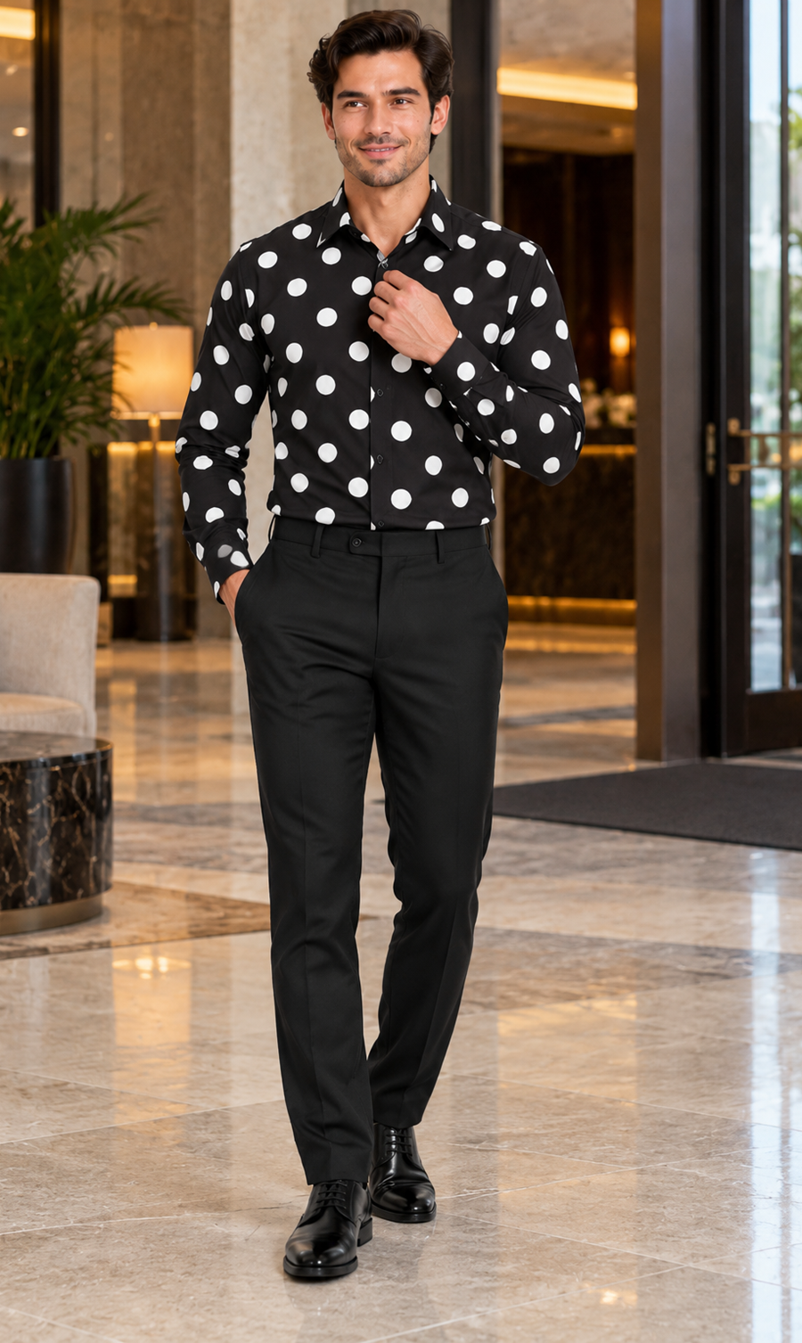Fashionable Cotton Polka Dots Design Multi-Color Men's Dress Shirt With Tie