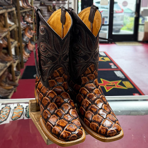 Brown Pirarucu Fish Print Boots Square Toe